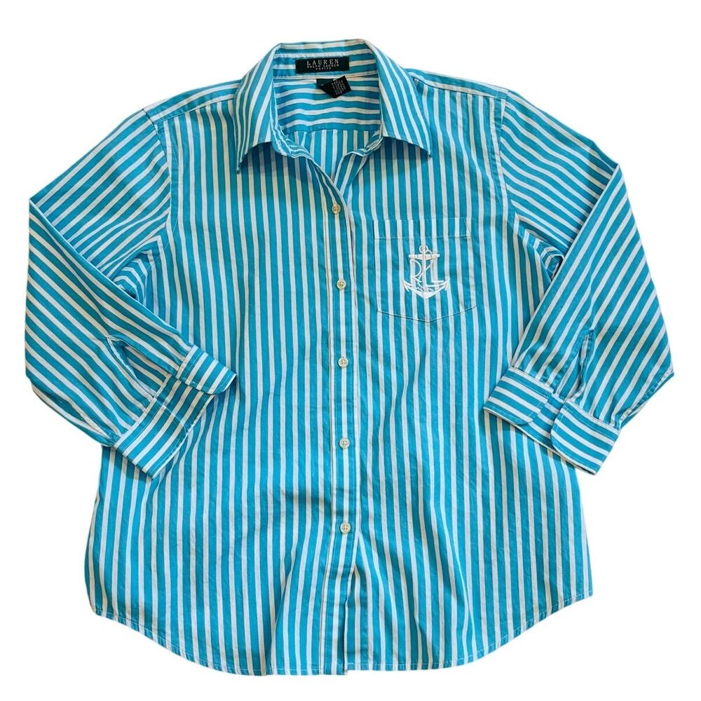 Lauren Ralph Lauren Top Women Petite Medium Blue Striped PM Button Up 3/4 Sleeve